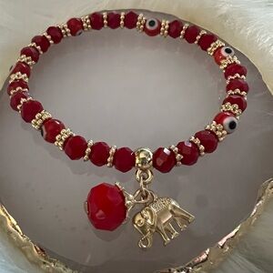 Red Evil Eye Beaded Bracelet with Gold Elephant Charm